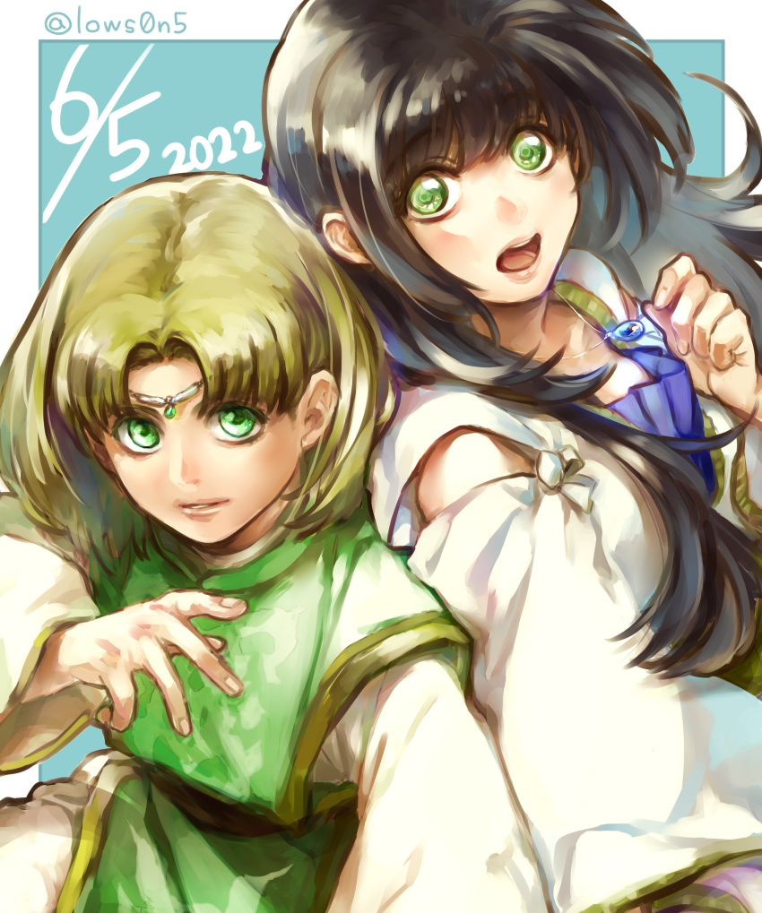 1boy 1girl black_hair brown_hair dress gensou_suikoden green_eyes highres ikunosake jewelry long_hair long_sleeves looking_at_viewer luc_(suikoden) necklace open_mouth viki_(suikoden)