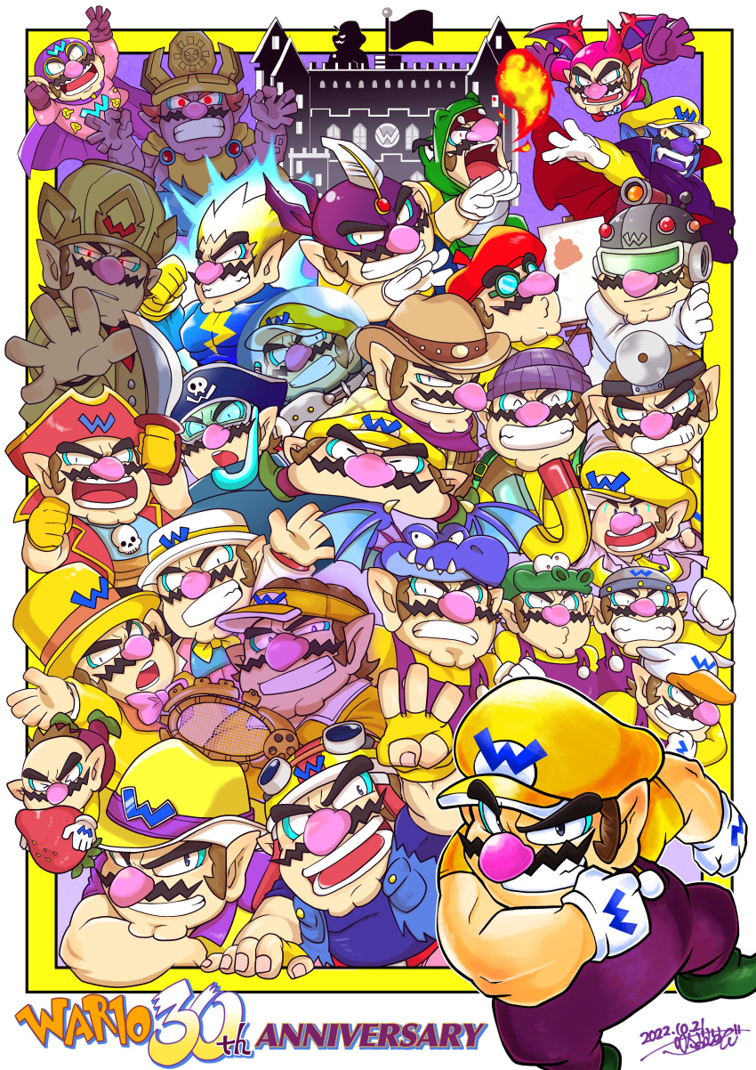 &gt;_&lt; 1boy absurdres animal_costume anniversary arm_up arms_up baby_wario bandana beanie beret bicorne black_eyes blue_bodysuit blue_eyes blue_jacket blue_shirt blue_skin bodysuit border bow bowtie breathing_fire brown_hair brown_headwear buttons canvas_(object) cape castle character_name cleft_chin clenched_hand clenched_teeth closed_mouth coat collared_cape collared_shirt colored_skin colored_tongue commentary_request copyright_request cowboy_hat dated demon_costume demon_horns demon_wings denim denim_jacket diving_mask dr._mario_(game) dr._mario_world dr._wario dragon_costume dragon_hat easel electricity facial_hair fake_horns fangs fedora fingerless_gloves fire flag flying food fruit glasses gloves glowing glowing_eyes goggles goggles_on_headwear green-framed_eyewear green_footwear grin hands_up hat head_mirror helmet highres holding holding_food holding_racket holding_sword holding_weapon horned_helmet horns jacket labcoat lapels long_sleeves looking_at_viewer magnet mario_golf mario_kart mario_kart_tour mario_tennis mask multiple_views mustache necktie official_alternate_costume omu_(sinsindan) open_clothes open_jacket open_mouth outside_border outstretched_arm outstretched_arms overalls pants parted_lips pink_bodysuit pirate_hat pocket pointy_ears pot_on_head purple_bandana purple_cape purple_gloves purple_overalls purple_pants purple_tongue racket red_eyes red_headwear red_horns red_jacket red_wings shirt shoes short_hair short_sleeves signature silhouette skull_print sleeveless sleeveless_jacket smile snorkel space_helmet spiked_wings spiky_hair spread_arms strawberry super_mario_bros. superhero sweatdrop sword teeth tennis_racket tongue top_hat v-shaped_eyebrows vampire visor_cap wario wario-man wario:_master_of_disguise wario_bug wario_deluxe wario_land wario_land_3 wario_land_4 warioware weapon white_border white_coat white_headwear wings yellow_bow yellow_bowtie yellow_gloves yellow_headwear yellow_jacket yellow_necktie yellow_shirt