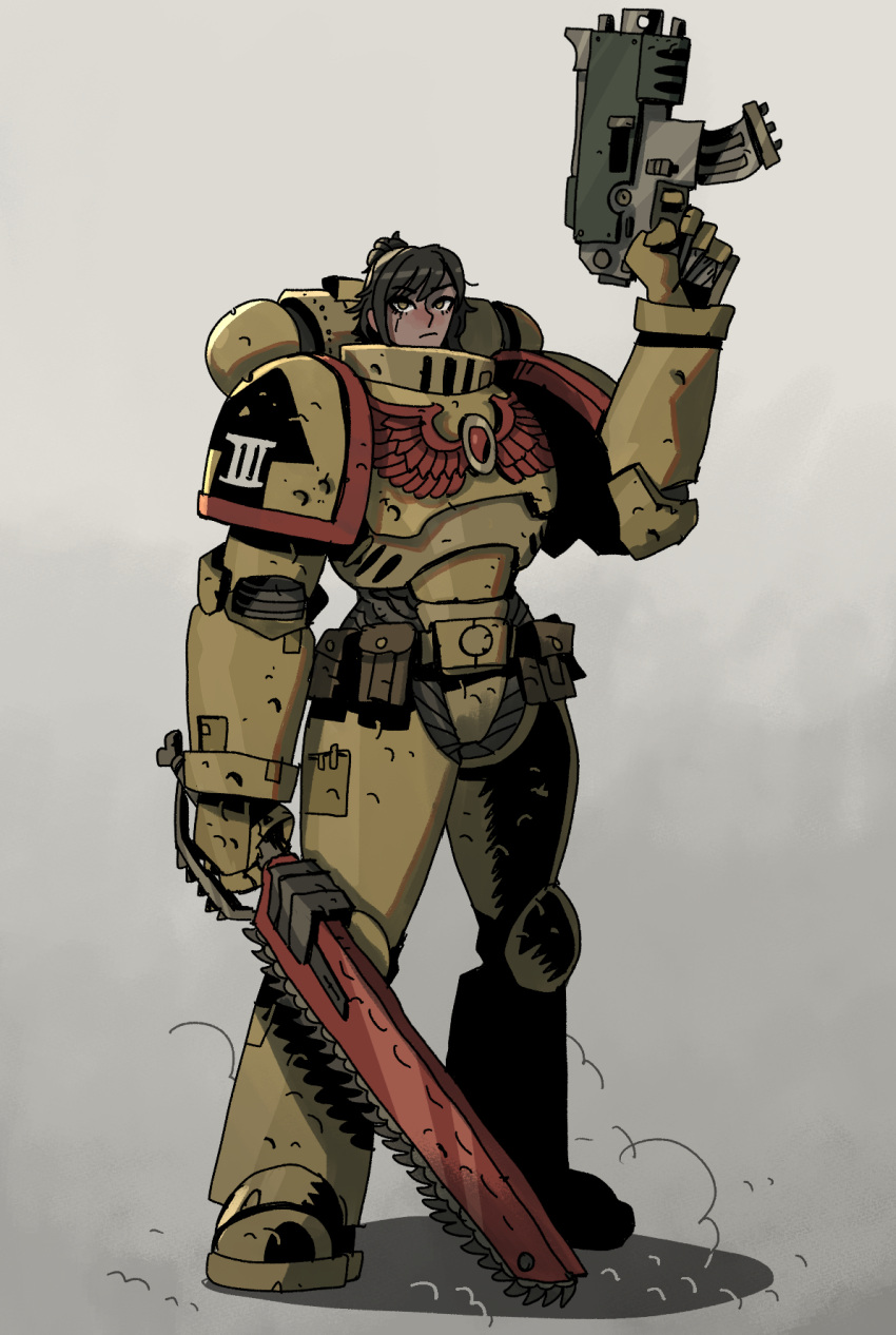 1girl adeptus_astartes armor armored_boots bangs black_hair bolter boots brown_eyes chainsword closed_mouth commission dual_wielding full_armor full_body grey_background gun hair_bun highres ho-uja holding holding_gun holding_sword holding_weapon imperial_fists looking_at_viewer no_headwear pauldrons power_armor short_hair shoulder_armor single_hair_bun solo space_marine standing sword warhammer_40k weapon