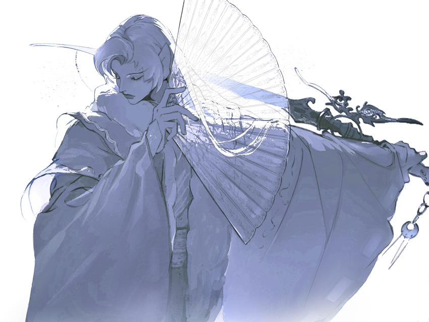 1boy absurdres caradocc chinese_clothes closed_eyes closed_mouth cowboy_shot facing_down facing_to_the_side folding_fan golden_light_puppet_show grey_hair grey_robe hand_fan hanfu highres holding holding_fan holding_sword holding_weapon jinguang_budaixi layered_sleeves lips long_sleeves male_focus o-ring outstretched_arm pointy_ears qiluosheng reverse_grip robe sash short_over_long_sleeves short_sleeves simple_background solo sword transparent weapon white_background white_hair white_robe wide_sleeves