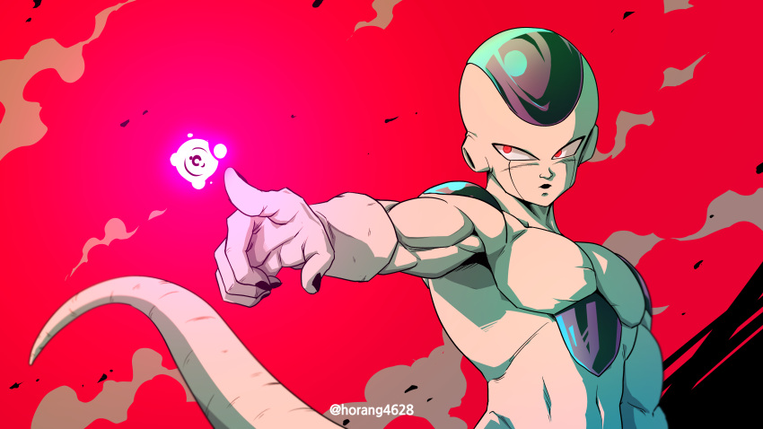 1boy absurdres aiming commentary_request dragon_ball dragon_ball_z frieza highres horang4628 male_focus muscular muscular_male navel red_background red_eyes solo tail twitter_username upper_body