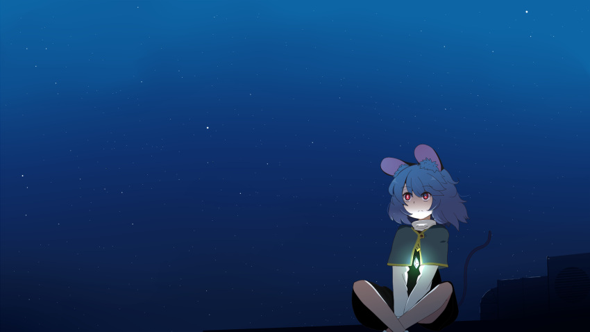 1girl animal_ear_fluff animal_ears bangs black_dress blue_sky capelet closed_mouth commentary crystal dress english_commentary expressionless feet_out_of_frame frown grey_capelet grey_hair highres jewelry long_sleeves mouse_ears mouse_girl mouse_tail nazrin nets_(netsabyss) night night_sky outdoors pendant red_eyes shirt short_hair sitting sky solo star_(sky) starry_sky tail touhou white_shirt