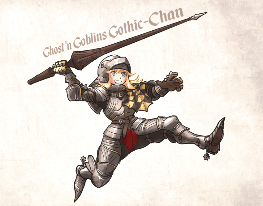 armor blonde_hair breastplate faulds full_armor gauntlets greaves helmet holding holding_polearm holding_weapon ironlily lance makaimura metal_boots original pauldrons polearm sabaton shoulder_armor spurs weapon