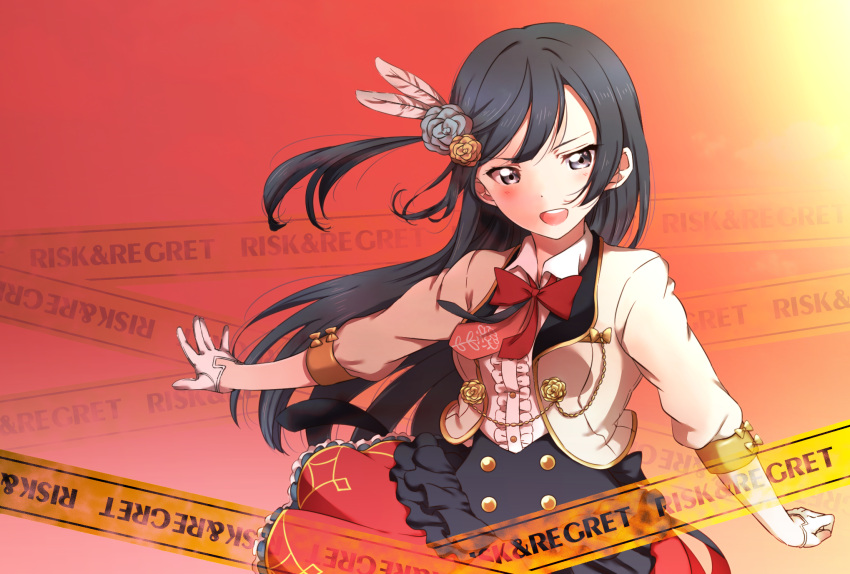 1girl afterschool_school_idol_(love_live!) bakarayuu bangs black_hair blush caution_tape english_commentary feather_hair_ornament feathers flower gloves gradient_background grey_eyes hair_flower hair_ornament highres keep_out long_hair love_live! love_live!_nijigasaki_high_school_idol_club one_side_up red_background sidelocks solo upper_body white_gloves yuuki_setsuna_(love_live!)