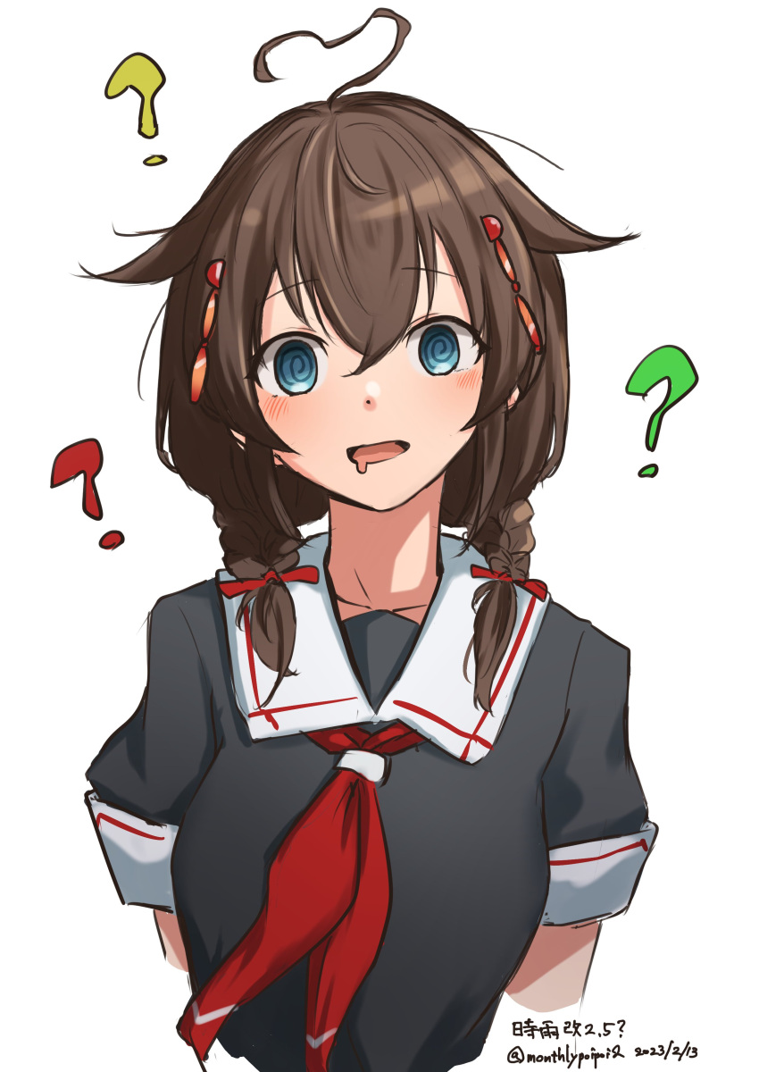 1girl @_@ absurdres ahoge black_serafuku blue_eyes braid brown_hair commentary_request confused cropped_torso drooling hair_flaps hair_ornament hair_over_shoulder heart heart_ahoge highres kantai_collection looking_at_viewer neckerchief red_neckerchief sailor_collar school_uniform serafuku shigure_(kancolle) shigure_kai_ni_(kancolle) simple_background single_braid solo umibudou upper_body white_background white_sailor_collar