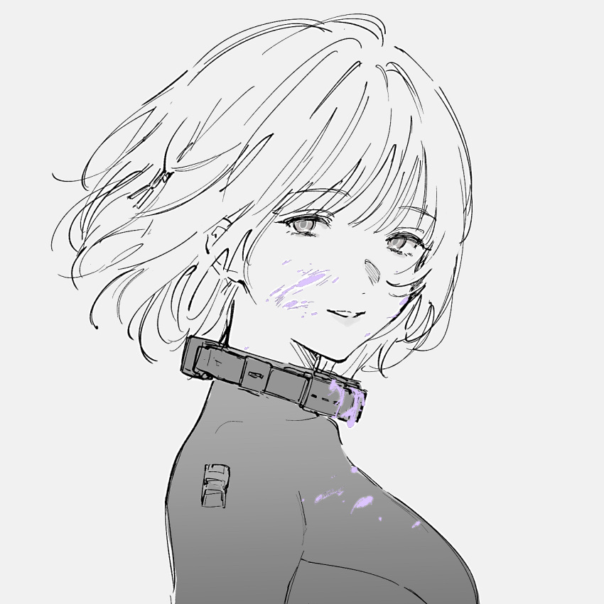 1girl blood blood_on_face bodysuit breasts collar commentary_request dm_owr from_side girls_frontline highres large_breasts looking_at_viewer looking_to_the_side metal_collar monochrome purple_blood rpk-16_(girls'_frontline) short_hair sketch smile solo spot_color upper_body