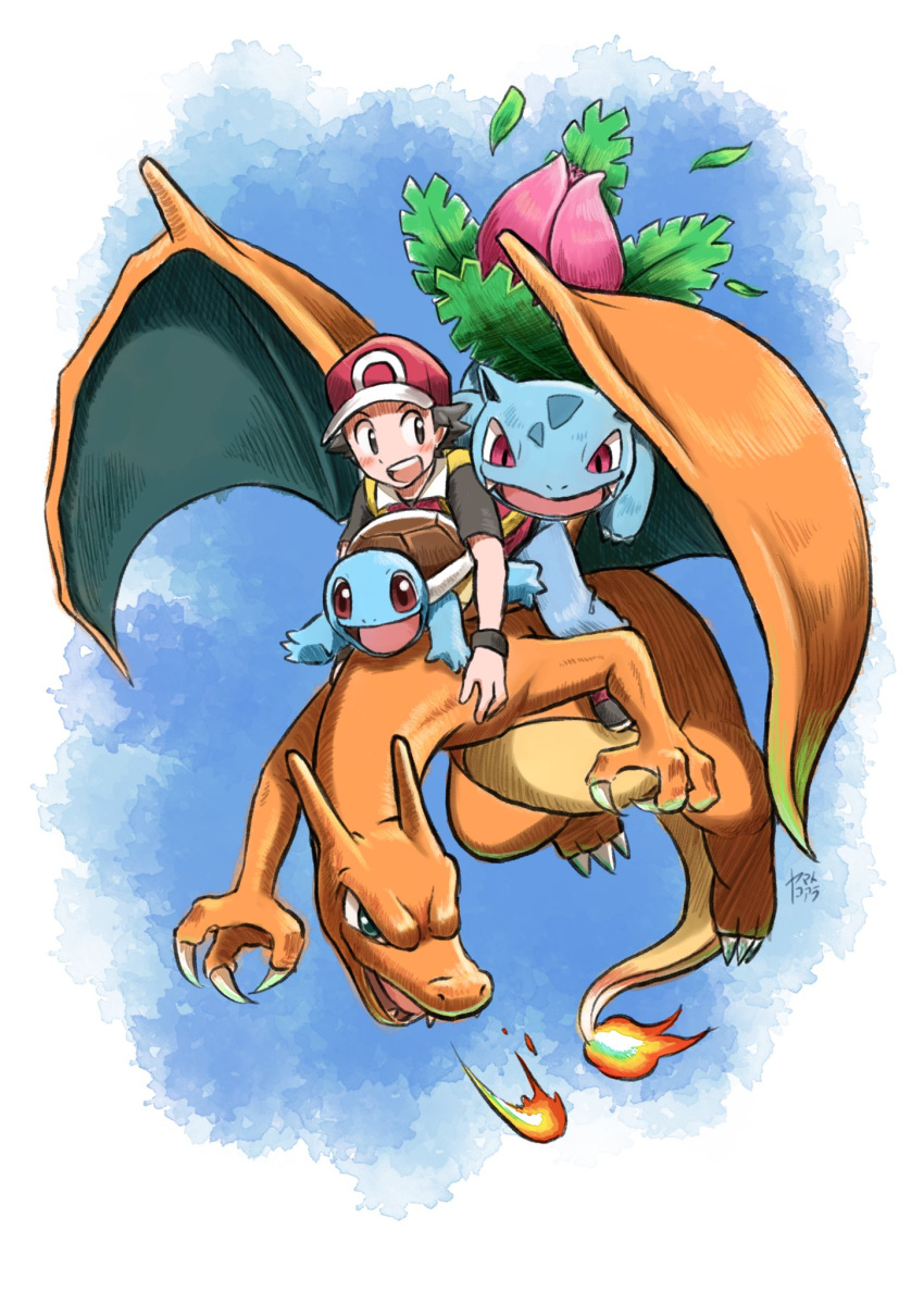 1boy :d baseball_cap black_hair blue_background blue_eyes blush breathing_fire brown_eyes charizard claws commentary_request dragon english_commentary fangs fire flame-tipped_tail flower full_body hat highres ivysaur koaraymt leaf mixed-language_commentary open_mouth pink_flower poke_ball_print pokemon pokemon_(creature) pokemon_(game) pokemon_frlg red_(pokemon) red_eyes red_headwear riding shirt short_hair short_sleeves simple_background smile squirtle super_smash_bros. teeth turtle upper_teeth_only white_background