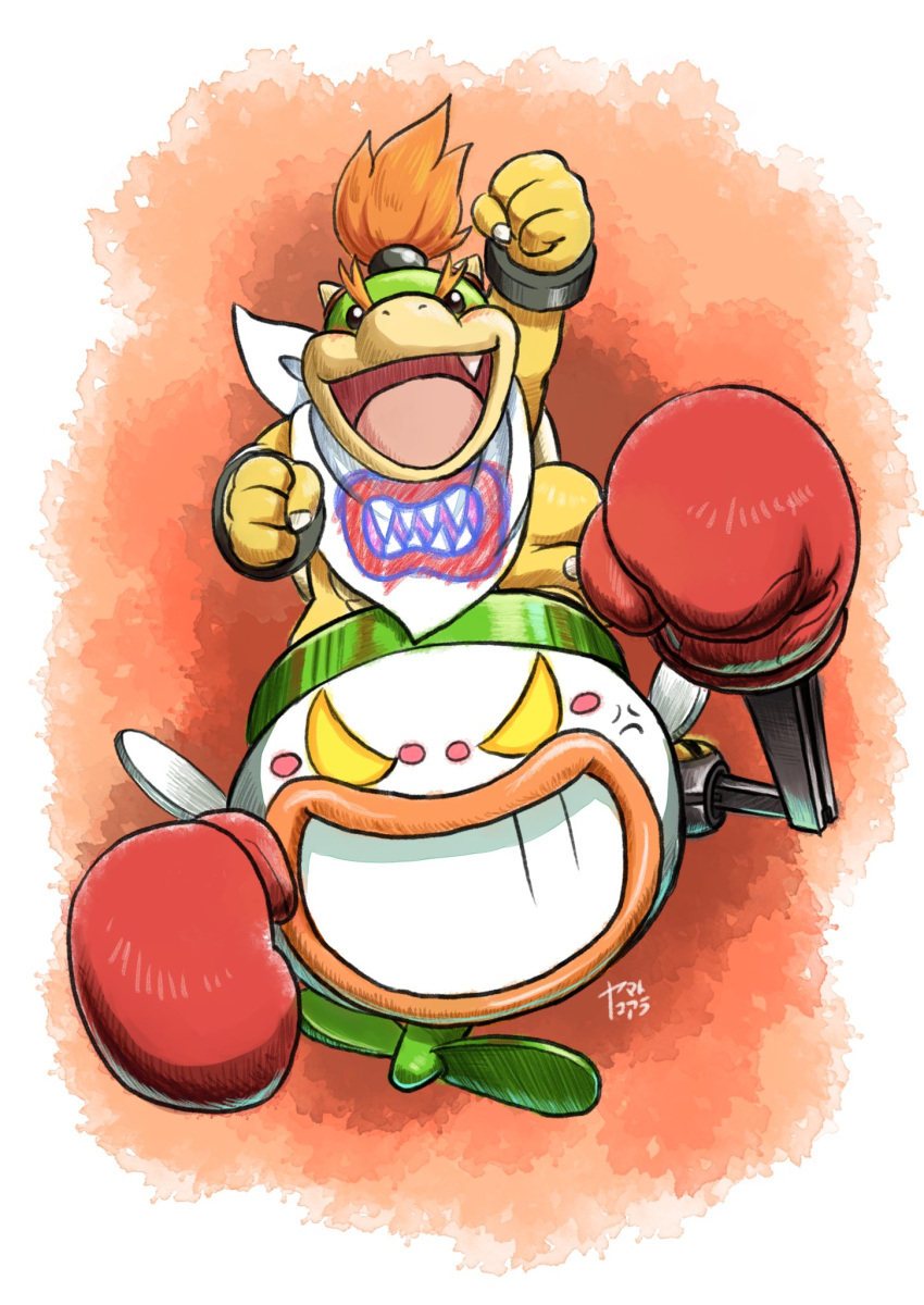 1boy :d anger_vein arm_up artist_name bandana bowser_jr. boxing_gloves bracelet claws commentary_request english_commentary fang full_body gloves grin highres horns jewelry junior_clown_car koaraymt looking_at_viewer mixed-language_commentary open_mouth orange_background red_gloves redhead simple_background smile solo standing super_mario_bros. super_smash_bros. teeth v-shaped_eyebrows white_background white_bandana yellow_eyes
