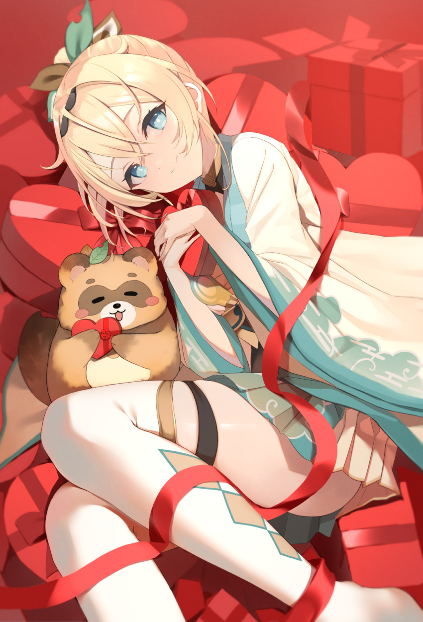 1girl bangs blonde_hair blue_eyes blue_skirt box closed_eyes closed_mouth cowengium crossed_bangs eyelashes feet_out_of_frame gift grey_skirt hair_between_eyes hair_ornament haori heart heart-shaped_box highres hololive japanese_clothes kazama_iroha leaf_hair_ornament looking_at_viewer lying miniskirt multicolored_clothes multicolored_skirt object_hug on_side open_mouth pleated_skirt pokobee print_skirt red_ribbon ribbon sidelocks skirt smile solo thigh-highs valentine virtual_youtuber white_thighhighs wide_sleeves