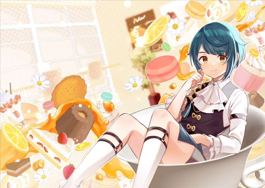 1boy ascot asymmetrical_hair bangs black_vest blue_hair blurry blurry_background blush brooch bundt_cake cake cake_slice closed_mouth collared_shirt commentary_request cookie cup cupcake feet_out_of_frame flower food frilled_sleeves frills fruit fukaya_miku gem genshin_impact halftone hand_up highres icing in_container in_cup indoors jewelry lemon lemon_slice long_sleeves looking_at_viewer macaron male_focus menu menu_board parted_bangs plant potted_plant shirt short_hair short_shorts shorts sidelocks smile socks solo sparkle strawberry strawberry_shortcake swept_bangs swiss_roll tassel tea teacup vest wafer_stick whipped_cream white_ascot white_flower white_shirt white_socks window wing_collar xingqiu_(genshin_impact) yellow_eyes