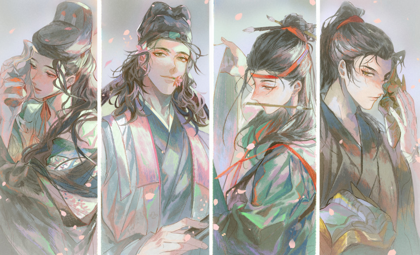 4boys androgynous black_hair blue_robe brown_eyes brown_hair chin_strap chinese_clothes column_lineup di_qing flower flower_in_mouth folded_fan folding_fan food fruit green_robe grey_background grey_robe guan_hat hair_bun hair_flower hair_ornament hair_pulled_back half_updo hand_fan hanfu hanging_scroll highres holding holding_fan holding_food holding_fruit holding_mask holding_scroll long_hair looking_at_viewer looking_away looking_down looking_to_the_side male_focus mask mask_removed medium_hair mouth_hold multiple_boys one_hundred_scenes_of_jiangnan paintbrush paintbrush_hair_ornament pan_an petals pink_flower ponytail profile robe scar scar_across_eye scroll shen_zhou single_hair_bun slit_pupils smile tang_yin upper_body wavy_hair yinertang