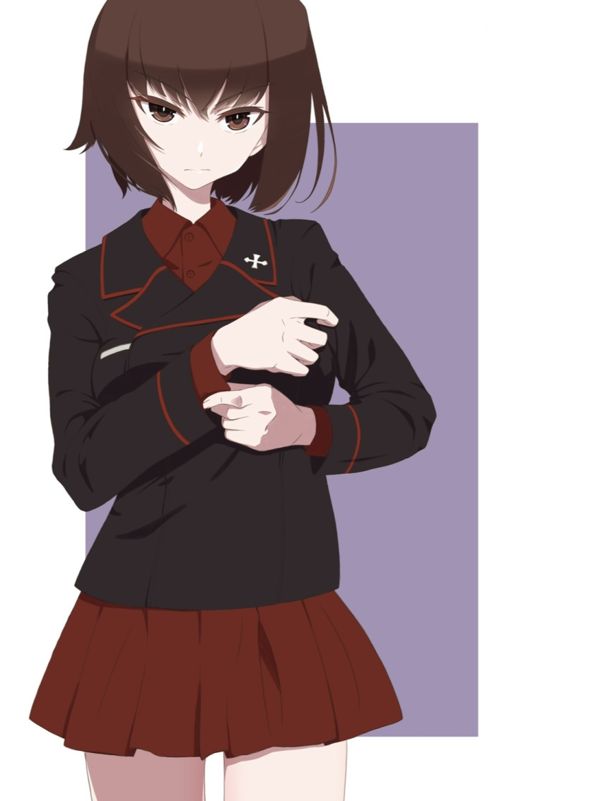 1girl adjusting_sleeves bangs black_jacket brown_eyes brown_hair closed_mouth commentary cowboy_shot dress_shirt frown girls_und_panzer highres insignia jacket kuromorimine_military_uniform long_sleeves looking_at_viewer military military_uniform miniskirt nishizumi_maho oritako pleated_skirt red_shirt red_skirt shirt short_hair skirt solo standing uniform wing_collar