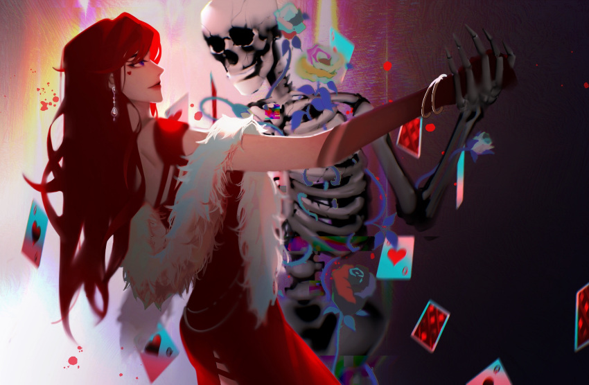 1girl bone card_(medium) dancing facial_mark feather_boa flower heart hearts_(i_became_a_god_in_a_horror_game) highres i_became_a_god_in_a_horror_game jewelry long_hair red_flower red_rose redhead rose smile