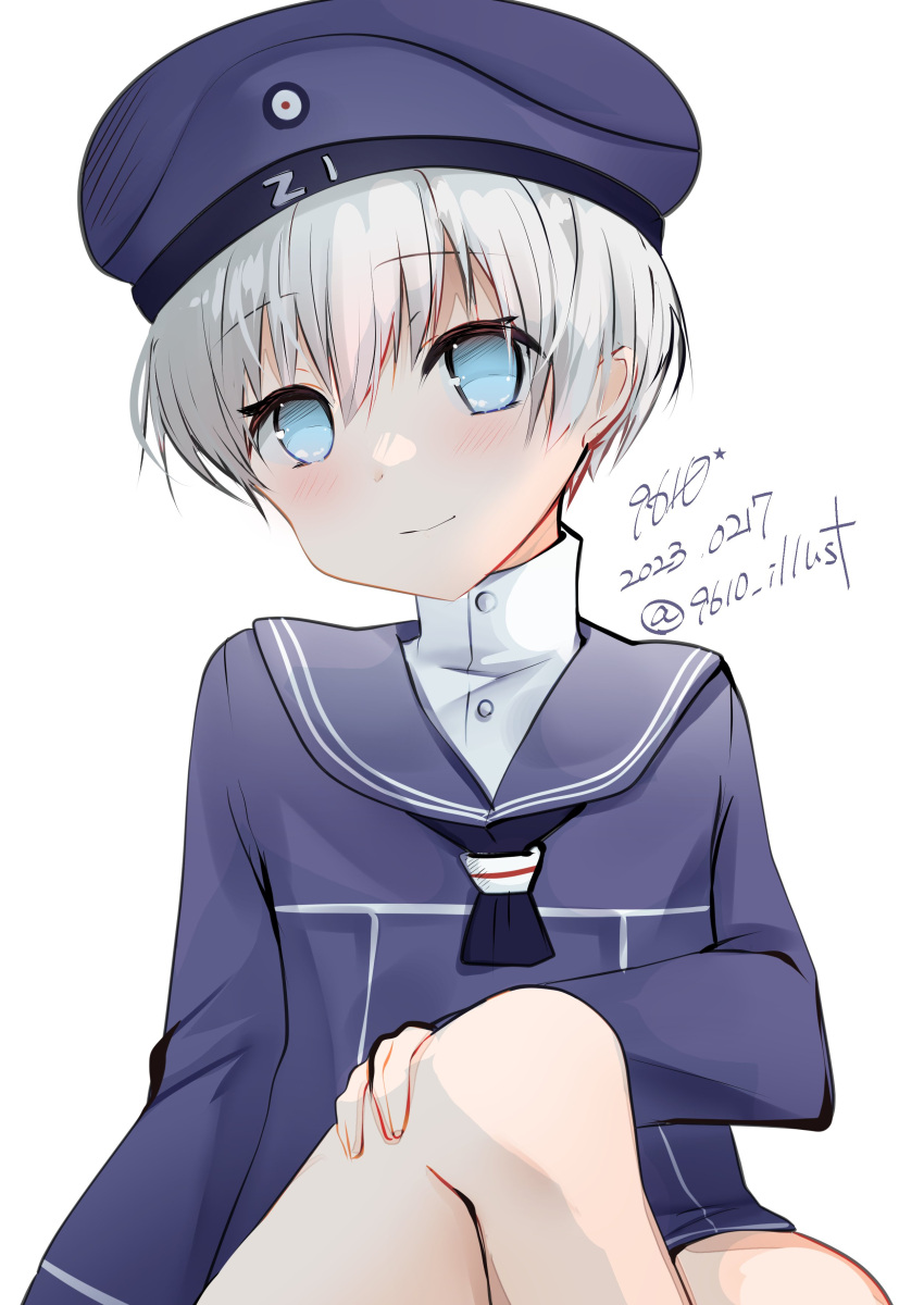 absurdres blue_eyes clothes_writing crossed_legs dated dress eiji_(monochromexd) grey_hair hat highres kantai_collection long_sleeves looking_at_viewer sailor_collar sailor_dress sailor_hat shirt short_hair sitting white_shirt z1_leberecht_maass_(kancolle)