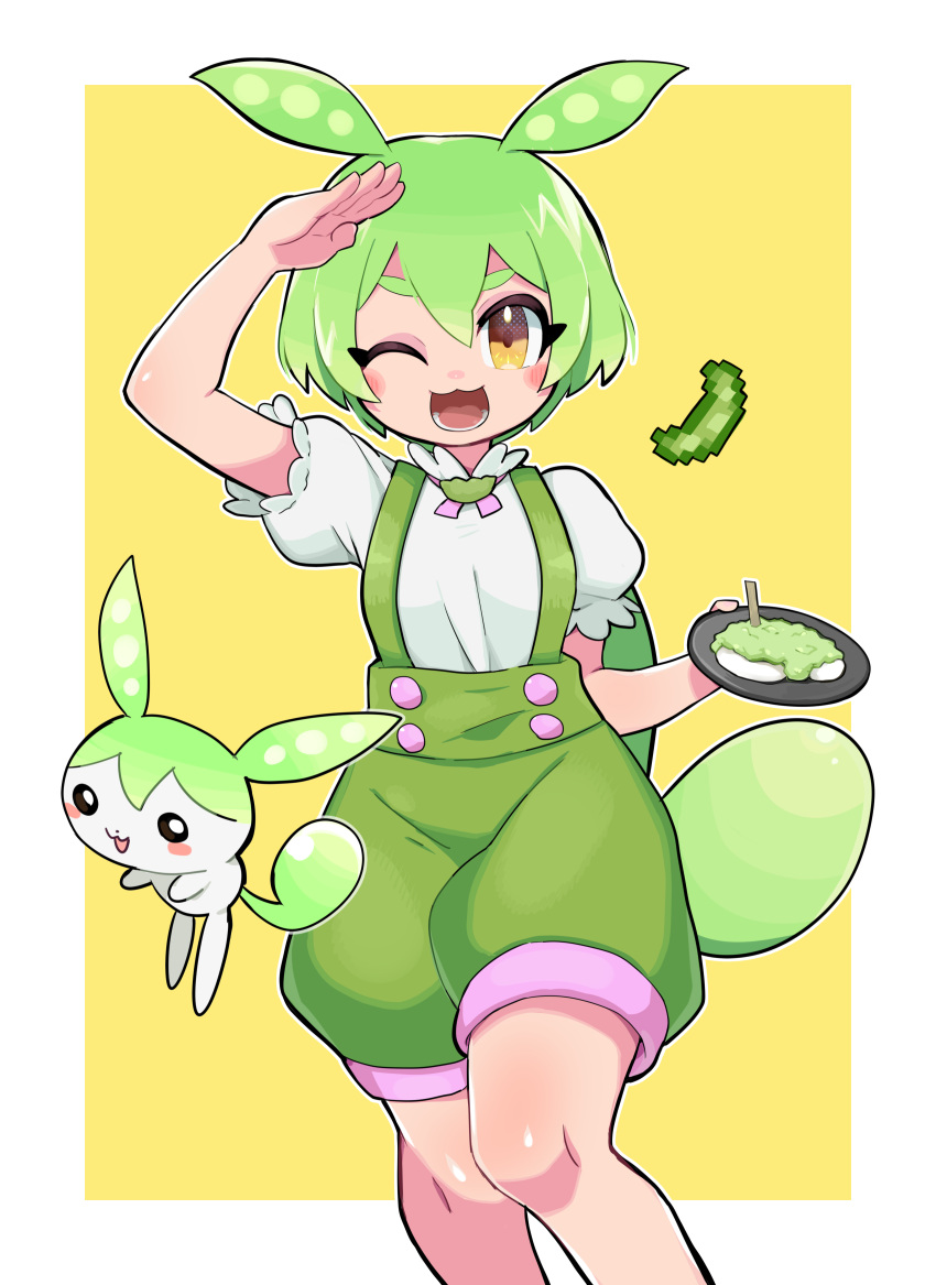 1girl :3 ;3 absurdres animal_ears arm_up blush blush_stickers commentary creature_and_personification edamame_(food) feet_out_of_frame food green_hair green_shorts green_suspenders green_tail hair_between_eyes hand_up highres holding holding_plate ja_(zunda6) neck_ribbon one_eye_closed open_mouth orange_eyes pea_pod personification plate puffy_short_sleeves puffy_shorts puffy_sleeves ribbon salute shirt short_sleeves shorts square suspender_shorts suspenders two-tone_background voiceroid voicevox white_background white_shirt zunda_mochi zundamon