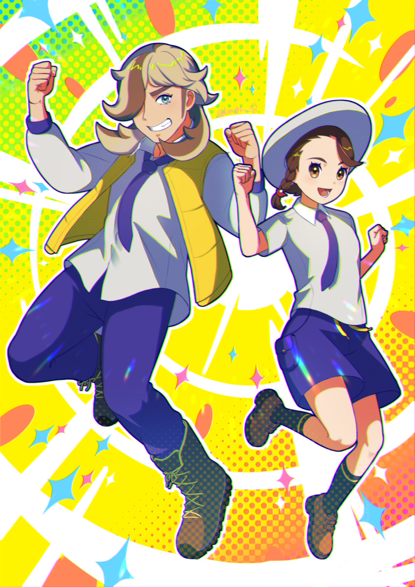 1boy 1girl :d arven_(pokemon) black_socks boots braid brown_eyes brown_footwear brown_hair clenched_hands collared_shirt eyelashes grin hair_over_one_eye hands_up hat highres juliana_(pokemon) kmgr_8 long_hair looking_at_viewer necktie open_clothes open_mouth open_vest pants pokemon pokemon_(game) pokemon_sv purple_necktie purple_pants purple_shorts shirt short_sleeves shorts smile socks teeth vest yellow_vest