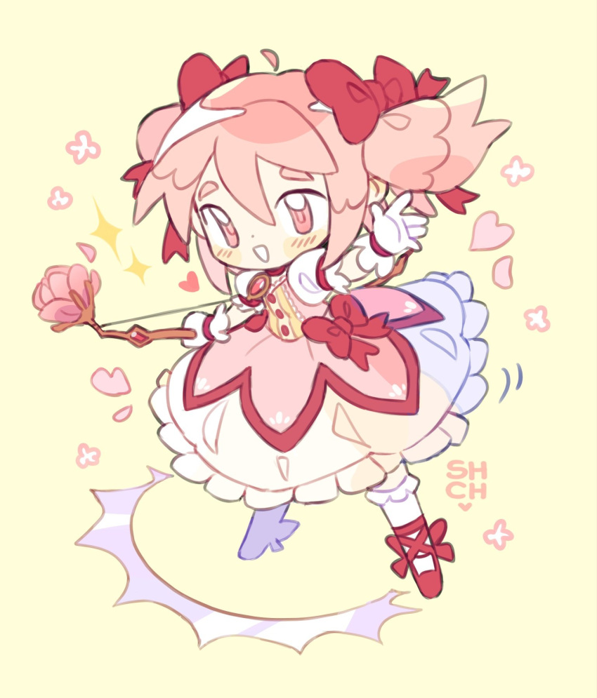 1girl blush bow bow_(weapon) commentary dress full_body gloves hair_bow heart highres holding holding_bow_(weapon) holding_weapon kaname_madoka looking_at_viewer magical_girl mahou_shoujo_madoka_magica open_mouth pink_eyes pink_hair red_bow red_footwear sharpycharot short_hair short_sleeves short_twintails simple_background socks solo sparkle twintails weapon white_dress white_gloves white_socks yellow_background