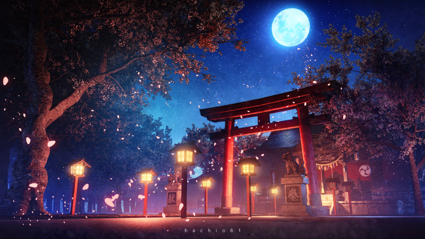 banner building cherry_blossoms commentary_request forest hachio81 highres lantern leaf moon nature night night_sky no_humans original railing scenery shrine sky star_(sky) starry_sky torii tree watermark