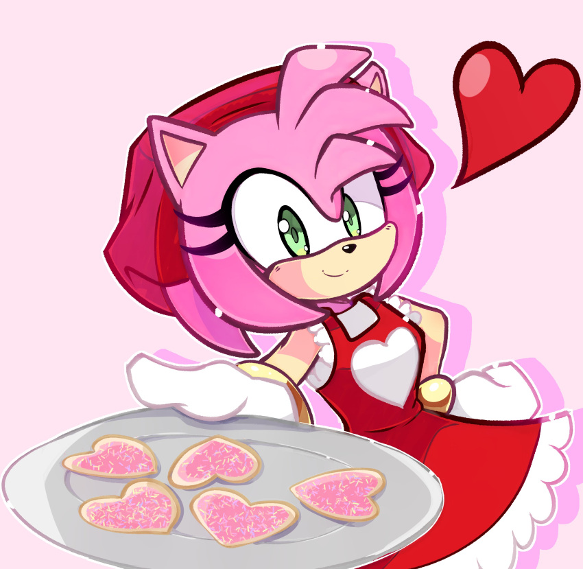 1girl absurdres amy_rose breasts cookie dress food furry furry_female gloves green_eyes hairband hat heart highres light_smile looking_at_viewer nin10ja pink_background pink_hair plate red_dress shadow short_hair simple_background small_breasts smile solo sonic_(series) white_gloves