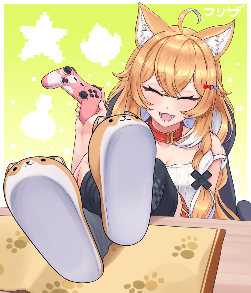 1girl ahoge animal_ears animal_slippers blush closed_eyes collar controller crossed_legs dog_ears dog_girl efreezerarts game_controller gamepad highres idol_corp multicolored_hair open_mouth paw_print pochi_wanmaru slippers solo virtual_youtuber