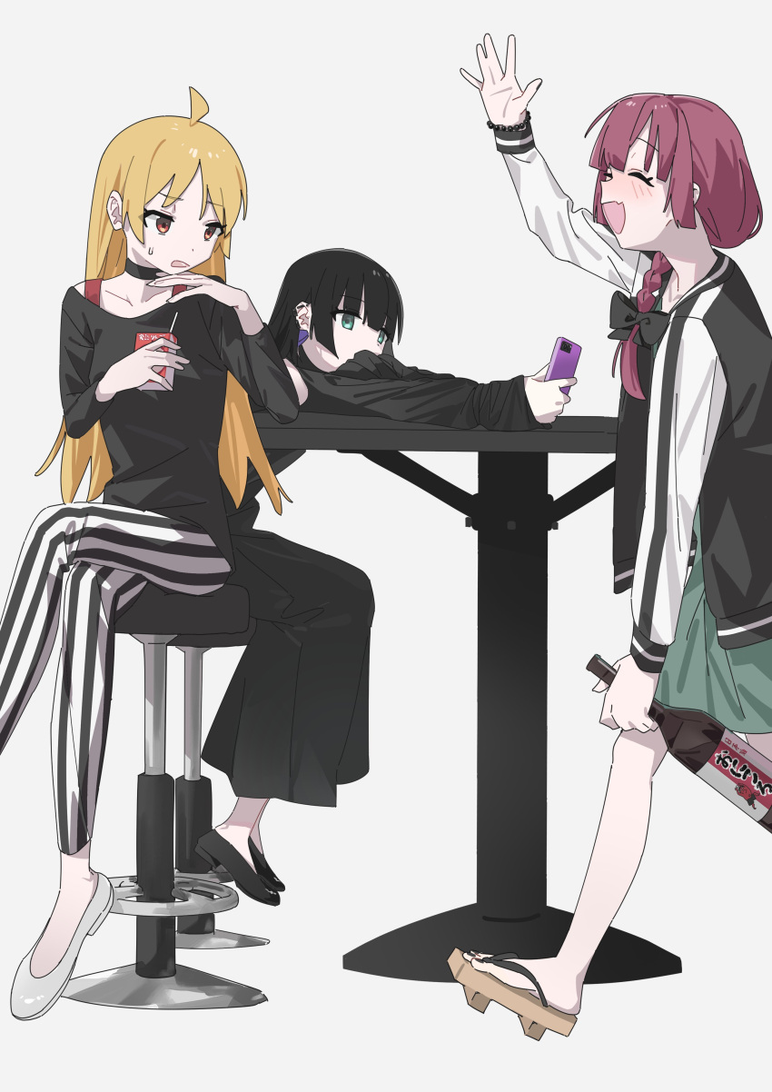 3girls absurdres ahoge alcohol aqua_eyes arm_up bangs black_bow black_choker black_dress black_hair black_shirt blonde_hair blunt_bangs bocchi_the_rock! bottle bow braid cellphone choker closed_eyes colored_inner_hair cottone_(highjethoo) dress geta green_dress hair_bow hair_over_shoulder highres hiroi_kikuri holding holding_bottle holding_phone ijichi_seika jacket leaning_on_table long_dress long_hair long_sleeves looking_at_another medium_dress multicolored_hair multiple_girls open_clothes open_jacket open_mouth pa-san pants phone purple_hair red_eyes sake sake_bottle shirt simple_background single_braid sitting smartphone smile striped striped_pants sweatdrop table vertical-striped_pants vertical_stripes white_background