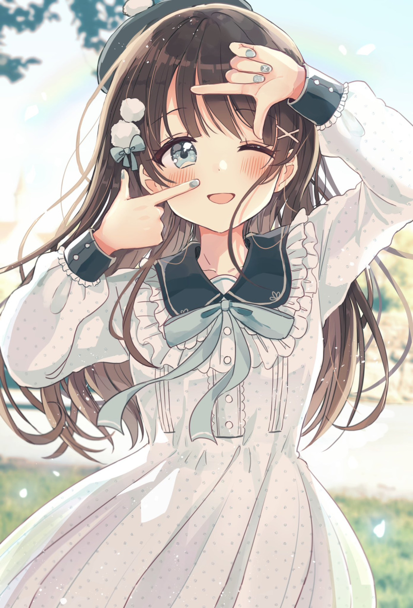 1girl ;d arm_up bangs beret black_headwear blue_bow blue_eyes blue_nails blurry blurry_background blush bow brown_hair collared_dress commentary_request day depth_of_field dress frilled_dress frills hair_bow hand_up hat highres long_sleeves looking_at_viewer nail_polish one_eye_closed original outdoors pleated_dress puffy_long_sleeves puffy_sleeves sakura_oriko smile solo white_dress