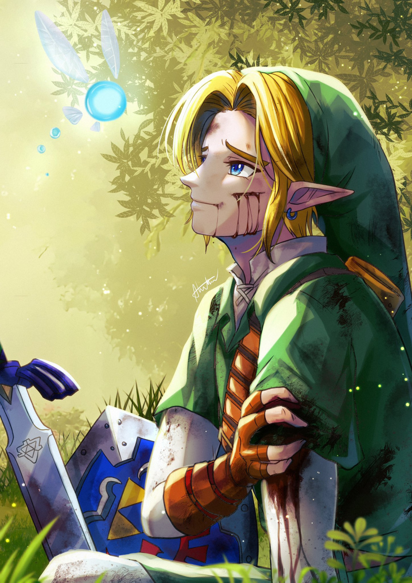 1girl 1other artist_name blonde_hair blood blood_on_clothes blood_on_face blood_on_hands blue_eyes earrings fingerless_gloves forest gloves grass green_tunic hat highres jewelry link looking_at_another master_sword nature navi ponytail sakuya_996 shield shirt sitting smile solo the_legend_of_zelda the_legend_of_zelda:_ocarina_of_time tree twitter_username weapon white_shirt