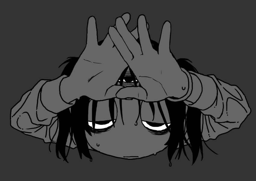 1girl arms_up bracelet closed_mouth explosion_psycho greyscale half-closed_eyes highres jewelry long_sleeves looking_up messy_hair monochrome no_nose open_hands original peeking_through_fingers portrait shirt short_twintails simple_background solo squinting sweat third_eye triangle twintails wet wet_clothes