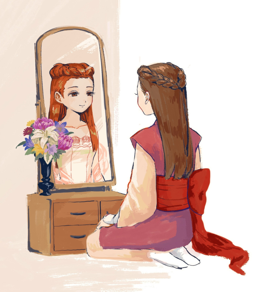 1girl ace_attorney bouquet braid brown_eyes brown_hair closed_mouth dahlia_hawthorne different_reflection drawer dress facing_away full_body highres iris_(ace_attorney) japanese_clothes kimono long_hair long_sleeves mirror phoenix_wright:_ace_attorney_-_trials_and_tribulations red_sash redhead reflection renshu_usodayo sash seiza shawl siblings sisters sitting smile solo twins vase white_dress