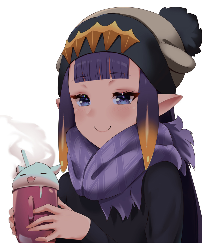 1girl alternate_costume bangs beanie black_shirt blunt_bangs blush closed_mouth commentary cup drinking_straw english_commentary gradient_hair hat headpiece highres holding holding_cup hololive hololive_english long_sleeves looking_at_viewer multicolored_hair nano_(nanojyaa) ninomae_ina'nis orange_hair pointy_ears portrait purple_hair purple_scarf scarf shirt simple_background smirk smug solo steam takodachi_(ninomae_ina'nis) tentacle_hair two-tone_hair violet_eyes virtual_youtuber white_background winter_clothes