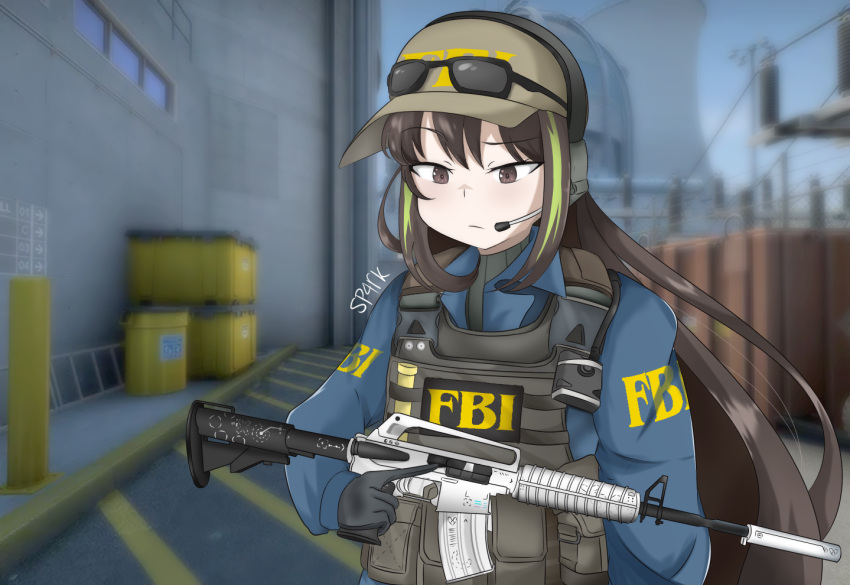 1girl armor artist_name assault_rifle bangs baseball_cap blue_jacket body_armor brown_eyes brown_hair counter-strike_(series) counter_strike:_global_offensive english_commentary eyewear_on_head fbi gameplay_mechanics girls_frontline gun hair_between_eyes hat headset jacket long_hair m4_carbine m4a1_(girls'_frontline) magazine_(weapon) multicolored_hair nuclear_powerplant outdoors plate_carrier pouch power_lines radio ribbed_sweater rifle road shipping_container sidelocks snap-fit_buckle solo sp4rk stanag_magazine streaked_hair sunglasses suppressor sweater trigger_discipline upper_body very_long_hair walkie-talkie weapon