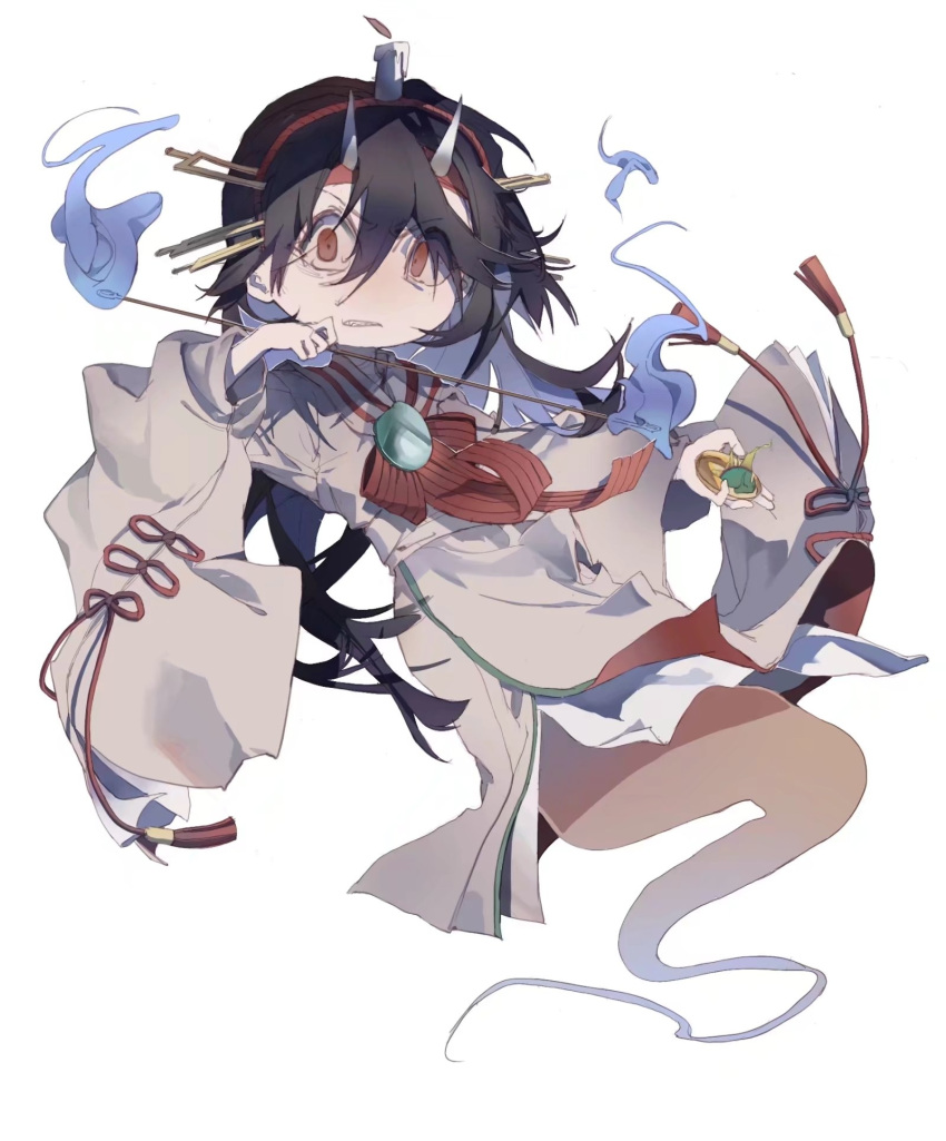 1other androgynous angry beiked204 black_hair blue_fire brown_kimono candle chibi chinese_commentary clenched_teeth commentary_request fire hair_between_eyes hair_ornament hairpin headband highres holding horns japanese_clothes kimono len'en long_hair long_sleeves no_nose no_sclera other_focus red_eyes red_ribbon ribbon simple_background solo taira_no_chouki teeth v-shaped_eyebrows white_background white_headband white_horns wide_sleeves