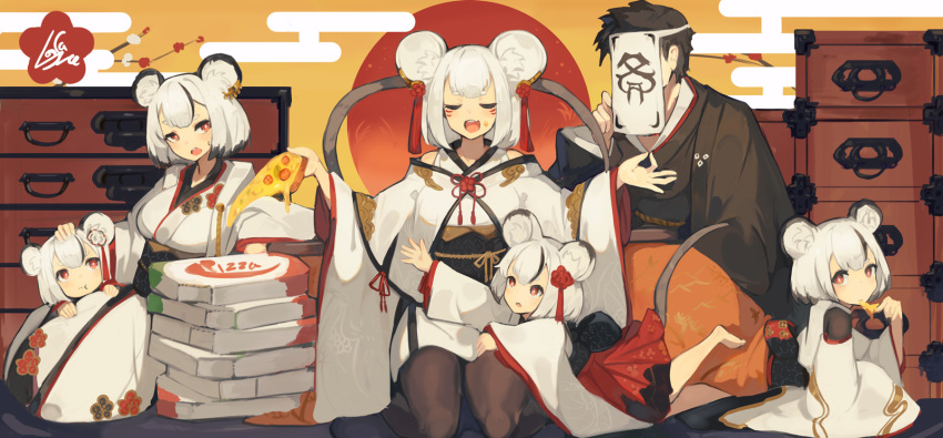 1boy 5girls animal_ears barefoot black_hair black_kimono black_pantyhose character_request chest_of_drawers child closed_eyes copyright_request earclip eating egasumi facial_mark file_cabinet food highres japanese_clothes kimono lansane mouse_ears multicolored_hair multiple_girls obi pantyhose pizza pizza_box pizza_slice red_eyes red_skirt sash short_hair sitting skirt streaked_hair white_hair wide_sleeves