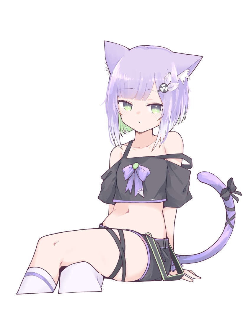 1girl absurdres animal_ear_fluff animal_ears bare_shoulders belt black_shirt black_shorts cat_ears cat_girl cat_tail colored_inner_hair crop_top cropped_legs cropped_shirt crossed_legs expressionless green_eyes green_hair highres indie_virtual_youtuber lyrinne midriff multicolored_hair navel purple_hair second-party_source shirt short_hair short_shorts short_sleeves shorts shwaa simple_background single_thighhigh sitting strap_slip tail thigh-highs virtual_youtuber white_background