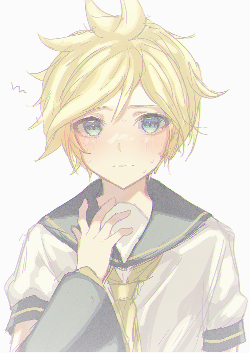 1boy 1girl absurdres bangs blonde_hair blue_eyes blush crypton_future_media detached_sleeves frown hand_on_own_chest hand_up highres kagamine_len male_focus messy_hair necktie parted_bangs sailor_collar shirt short_hair short_sleeves simple_background sketch solo spiky_hair squiggle sweat upper_body vocaloid wavy_mouth white_background white_shirt yellow_necktie yuxi