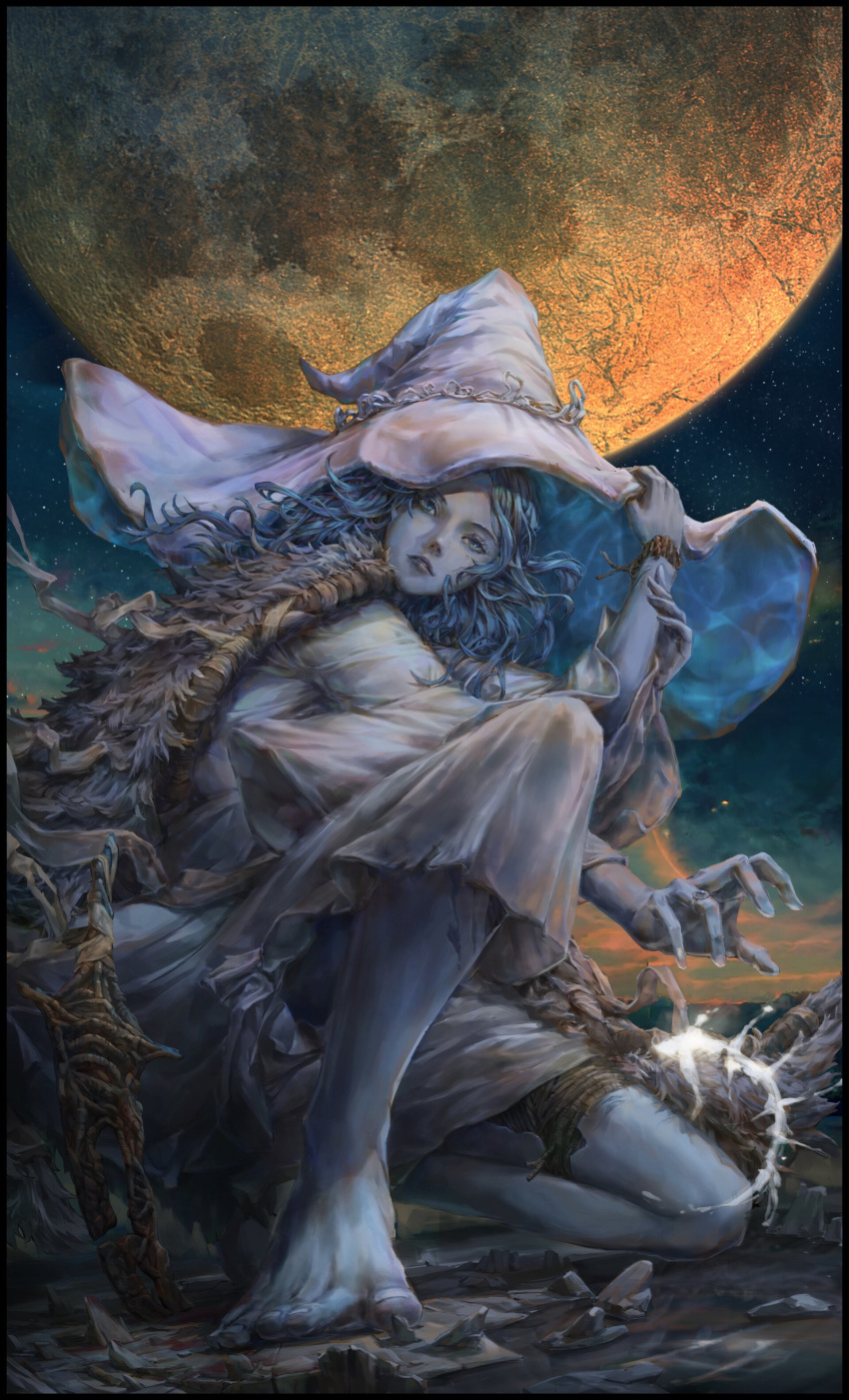 1girl absurdres amberlin_yuantz barefoot blade blue_hair cape damaged doll elden_ring extra_arms feet full_moon fur_cape hat highres holding holding_clothes holding_hat knife long_hair looking_at_viewer moon ranni_the_witch red_moon rune_of_death solo witch_hat