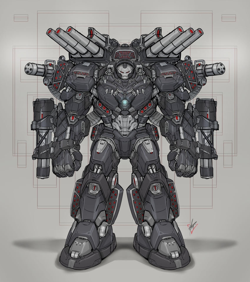 absurdres arm_cannon clenched_hands eko999 full_body highres hulkbuster marvel mecha missile_pod red_eyes robot science_fiction shadow shoulder_cannon straight-on war_machine weapon