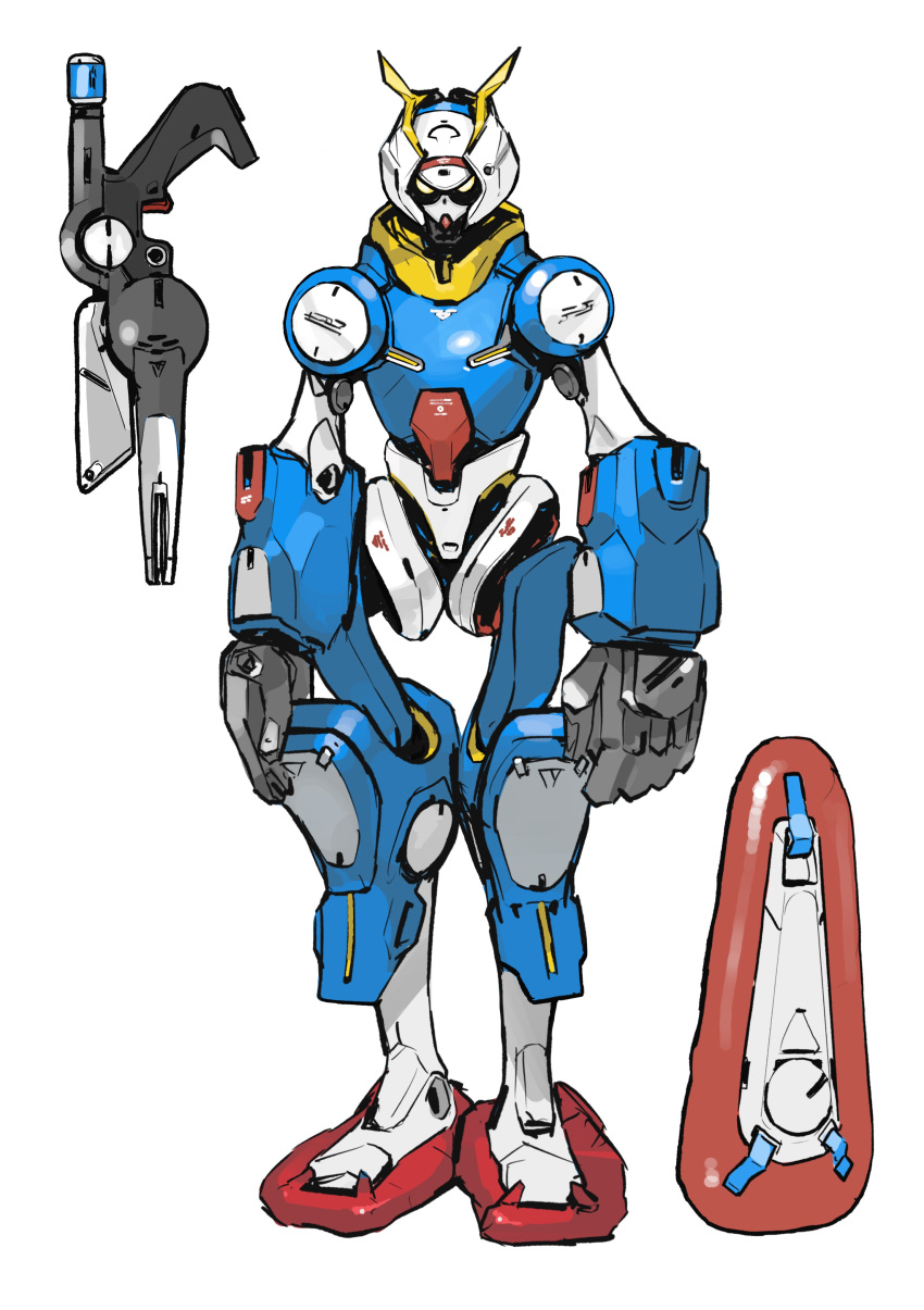 absurdres arms_at_sides borrowed_character full_body gun highres looking_at_viewer mecha no_humans original peter_(peter6409) robot solo standing weapon white_background yellow_eyes