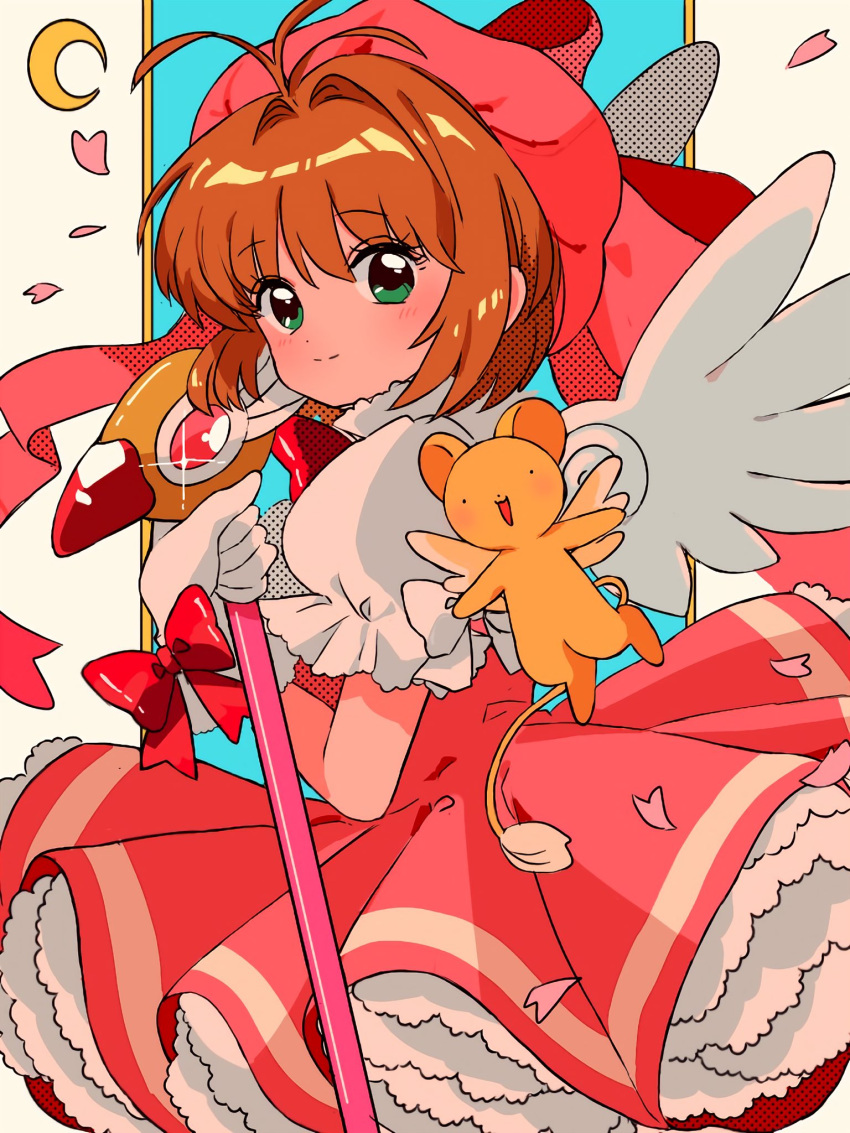 1girl antenna_hair bob_cut bow brown_hair cardcaptor_sakura crescent dress female_child glove_bow green_eyes hair_between_eyes hat hat_bow heart highres holding holding_wand kero kinomoto_sakura layered_skirt looking_at_viewer looking_to_the_side magical_girl moon open_mouth pink_dress pink_headwear puffy_short_sleeves puffy_sleeves red_bow sanamaru_(sana79261827) screentones short_sleeves sidelocks skirt smile wand white_wings wings