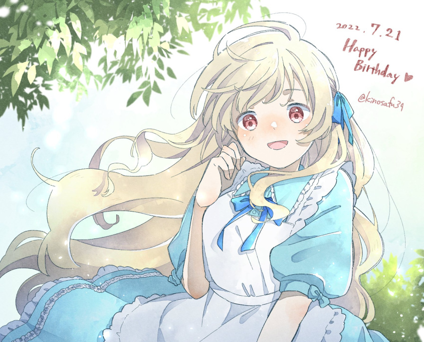 1girl :d alternate_costume apron bangs blonde_hair blue_bow blue_dress blue_ribbon blush bow bush buttons collared_dress commentary dated day dress english_text foliage frilled_apron frilled_dress frills hair_ribbon happy_birthday heart highres kagerou_project kozakura_marry long_hair looking_at_viewer maid_apron mekakucity_actors neck_ribbon nose_blush open_mouth outdoors pink_eyes plant puffy_short_sleeves puffy_sleeves ribbon sa-fu_(sfmk39) short_sleeves smile solo sunlight swept_bangs tareme tongue twitter_username two-tone_dress very_long_hair wavy_hair white_apron white_dress white_hair wind wind_lift