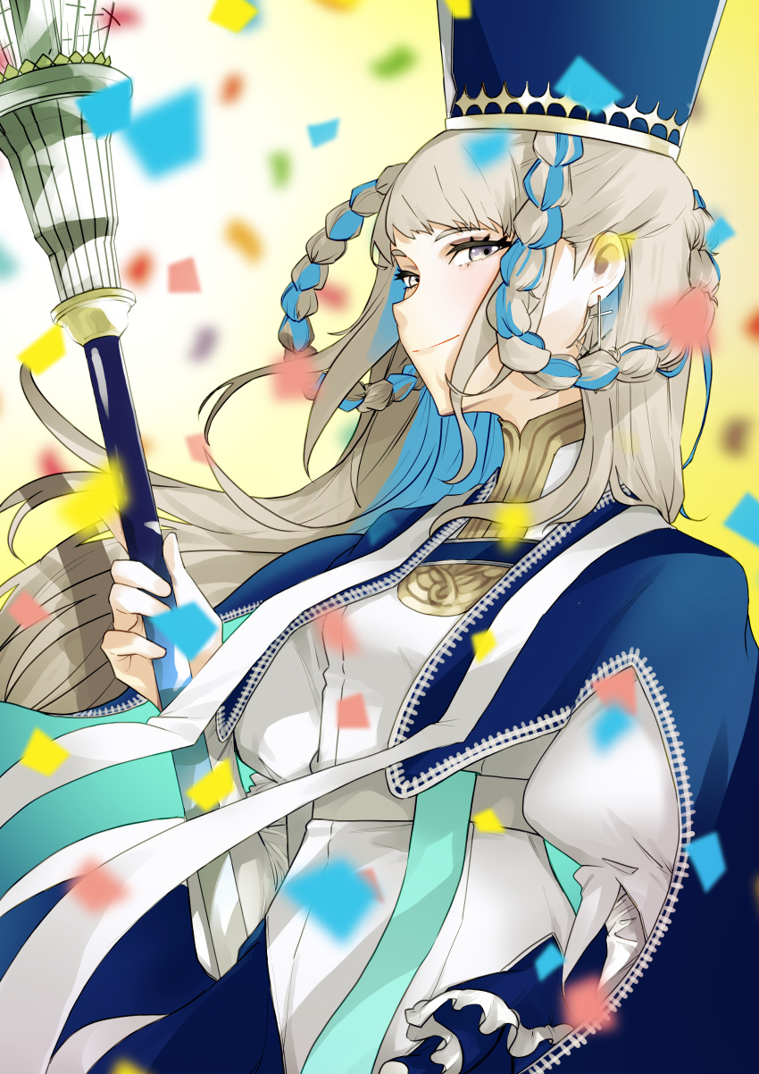 1girl absurdres blue_cape braid cape confetti cross cross_earrings earrings fate/grand_order fate_(series) hat highres holding holding_staff jewelry juliet_sleeves long_hair long_sleeves looped_braids mitre mxvv4878 pope_joan_(fate) puffy_sleeves smile staff twin_braids yellow_background