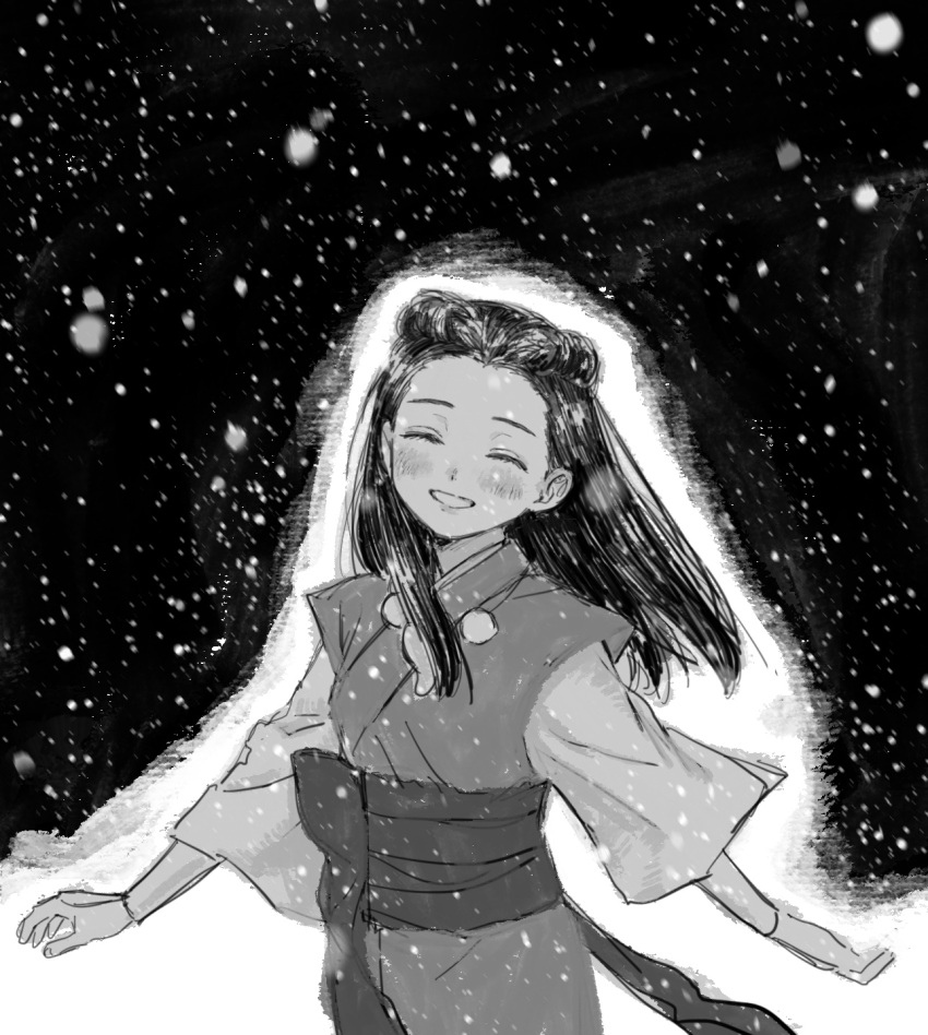 1girl :d ^_^ ace_attorney blush braid closed_eyes greyscale highres iris_(ace_attorney) japanese_clothes jewelry kimono long_hair long_sleeves magatama magatama_necklace monochrome necklace open_mouth phoenix_wright:_ace_attorney_-_trials_and_tribulations renshu_usodayo sash smile snow snowing solo
