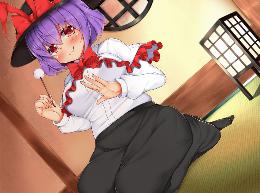 1girl bangs black_headwear black_skirt blush bow bowtie breasts capelet clip_studio_paint_(medium) closed_mouth commentary_request daichi_(tokoya) dutch_angle frilled_capelet frills full_body hair_between_eyes hat hat_bow highres indoors lap_pillow_invitation large_breasts long_skirt long_sleeves looking_at_viewer mimikaki nagae_iku purple_hair red_bow red_bowtie red_eyes shirt short_hair skirt smile solo tatami touhou white_capelet white_shirt