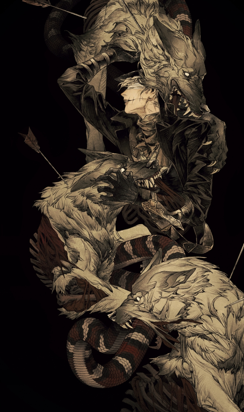 1boy arm_guards arm_up arrow_(projectile) arrow_in_body bandages bandages_over_eyes biting black_background black_gloves bloodborne character_request collared_jacket commentary english_commentary gloves high_collar highres jacket lapels long_sleeves male_focus megasus open_clothes open_jacket open_mouth scar scar_on_face scar_on_mouth sharp_teeth short_hair simple_background snake solo teeth tongue white_hair wolf