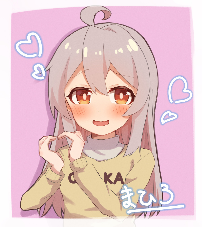 1girl :d absurdres ahoge blush brown_eyes character_name clothes_writing commentary grey_hair heart heart_hands highres long_hair long_sleeves looking_at_viewer nekomotowata onii-chan_wa_oshimai! open_mouth oyama_mahiro pink_background simple_background smile solo sweater upper_body yellow_sweater