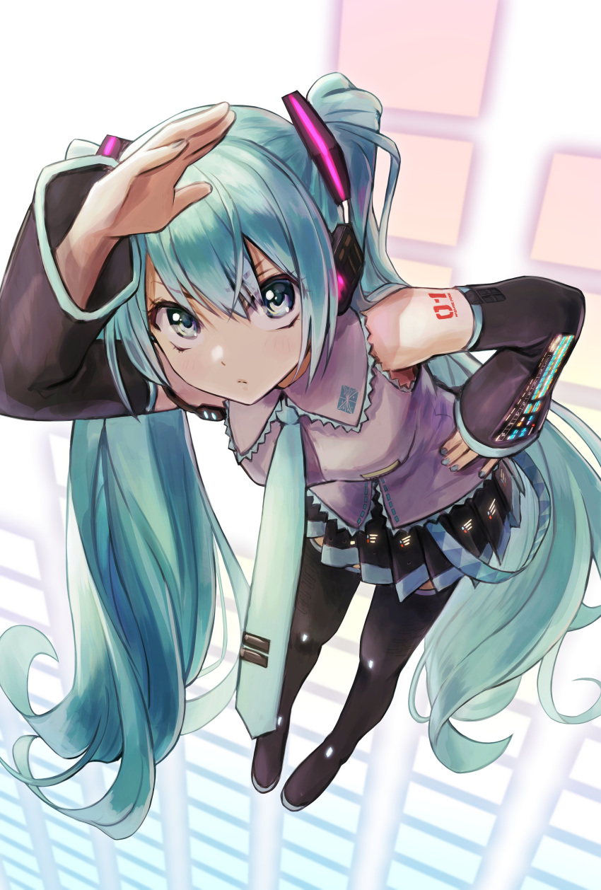 1girl absurdres aqua_eyes aqua_hair aqua_nails aqua_necktie bare_shoulders black_skirt black_sleeves black_thighhighs boots commentary_request detached_sleeves floating foreshortening full_body grey_shirt hair_ornament hand_on_hip hatsune_miku headphones headset highres ishiyuki leaning_forward light_frown long_hair looking_at_viewer miniskirt nail_polish necktie pleated_skirt revision shading_eyes shirt shoulder_tattoo skirt sleeveless sleeveless_shirt solo tattoo thigh-highs thigh_boots twintails v-shaped_eyebrows very_long_hair vocaloid zettai_ryouiki
