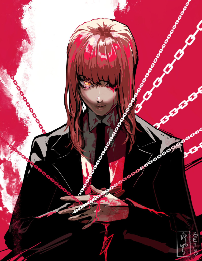 1girl bangs black_coat black_jacket black_necktie black_pants blood blood_on_clothes blood_on_face blood_on_hands chain chainsaw_man coat collared_shirt formal hair_over_one_eye highres jacket looking_at_viewer makima_(chainsaw_man) medium_hair necktie own_hands_together pants red_theme ringed_eyes seilo_art shirt shirt_tucked_in sidelocks smile solo suit suit_jacket white_shirt yellow_eyes