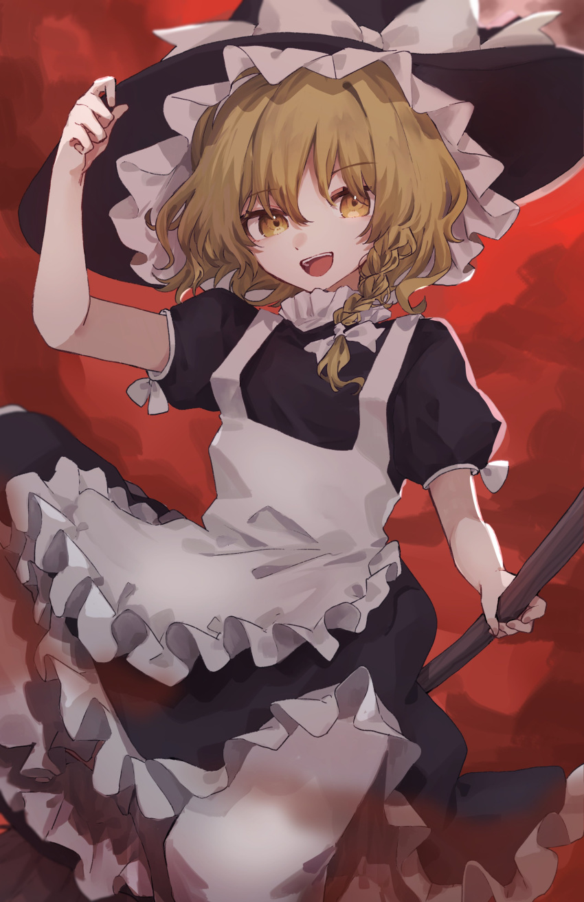 1girl absurdres apron black_dress black_headwear blonde_hair bloomers bow braid broom broom_riding chu_(yuzumeno) dress embodiment_of_scarlet_devil frilled_dress frilled_hat frills hand_on_headwear hat hat_bow highres kirisame_marisa looking_at_viewer puffy_short_sleeves puffy_sleeves red_skirt short_hair short_sleeves single_braid skirt solo touhou turtleneck underwear upper_body white_apron white_bloomers white_bow witch_hat yellow_eyes