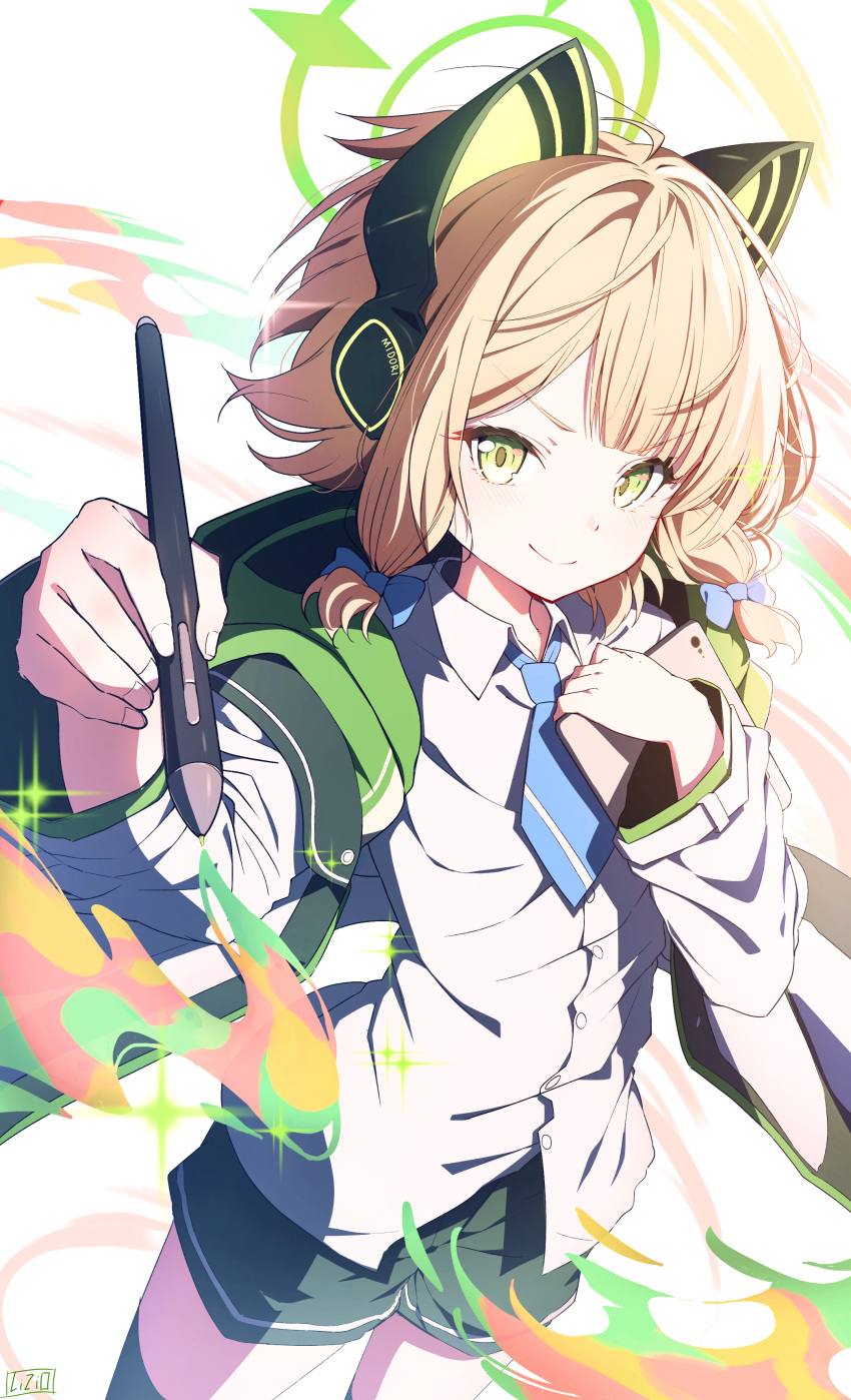 1girl absurdres animal_ear_headphones animal_ears black_shorts blonde_hair blue_archive blue_bow blue_necktie blush bow cat_ear_headphones closed_mouth collared_shirt fake_animal_ears green_eyes green_jacket hair_bow halo headphones highres holding holding_stylus holding_tablet_pc hood hooded_jacket jacket liyom long_sleeves looking_at_viewer midori_(blue_archive) multicolored_clothes multicolored_jacket necktie shirt short_hair shorts smile solo stylus tablet_pc v-shaped_eyebrows white_jacket white_shirt