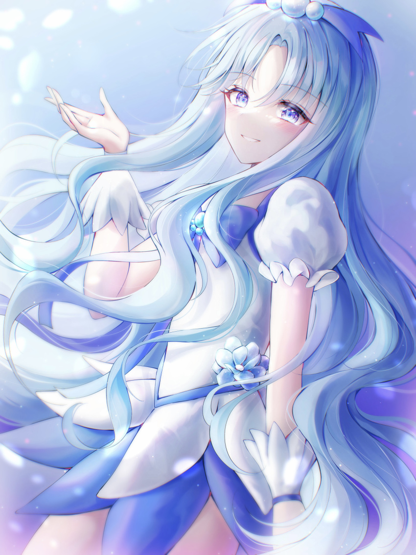 1girl absurdres blue_background blue_choker blue_dress blue_eyes blue_hair brooch choker cure_marine dress gradient_background heart_brooch heartcatch_precure! highres jewelry long_hair looking_at_viewer magical_girl precure puffy_short_sleeves puffy_sleeves short_sleeves solo thigh-highs user_ypzd8745 white_dress white_thighhighs